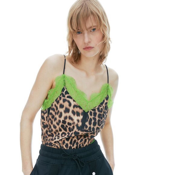 H&M Studio Collection Animal Leopard-print Satin Lace-trim Bodysuit‎ Lingerie L - Picture 4 of 5